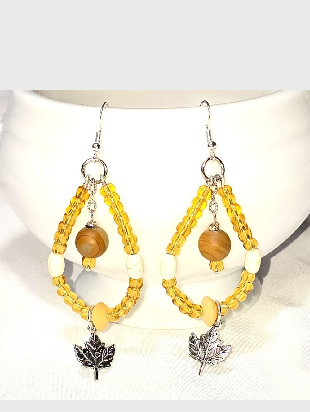 Yellow Beaded Leaf Dangle Earrings with Glass Seed Beads, Earthy Nature Inspired